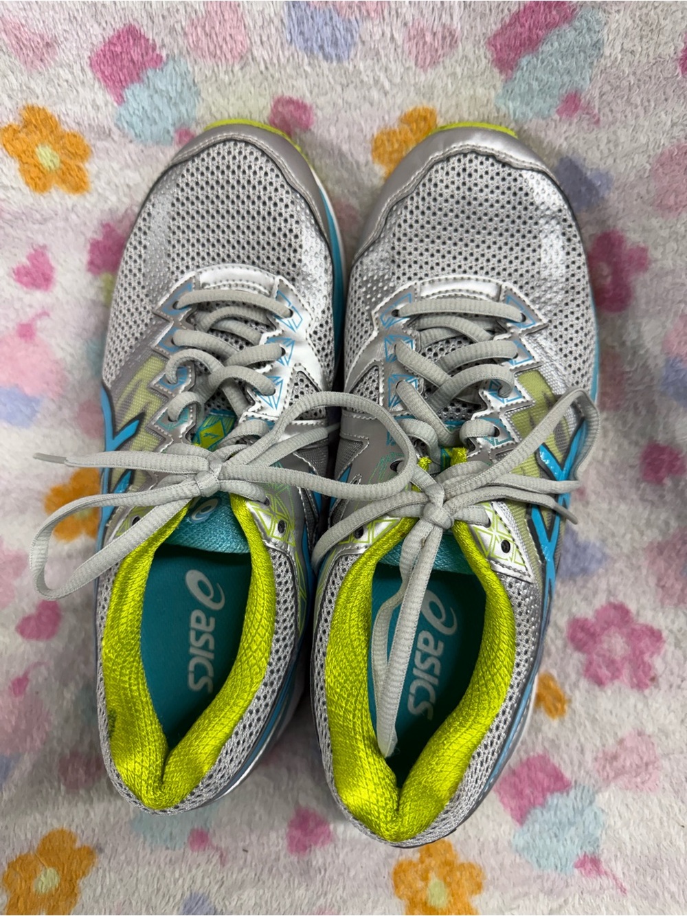 Asics Silver Running Shoes with Teal and Lime Accents